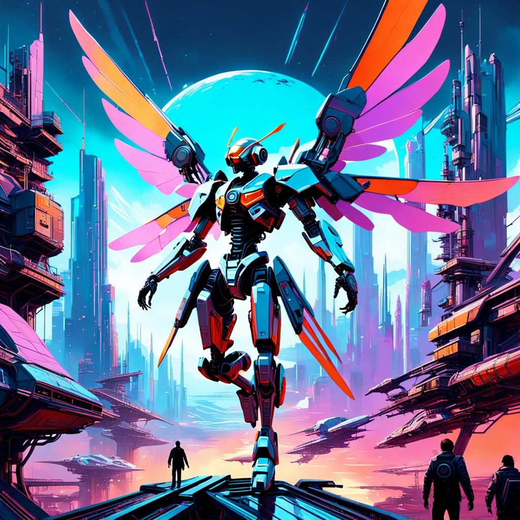 Cyberpunk Angel Soars in Neon Dystopia