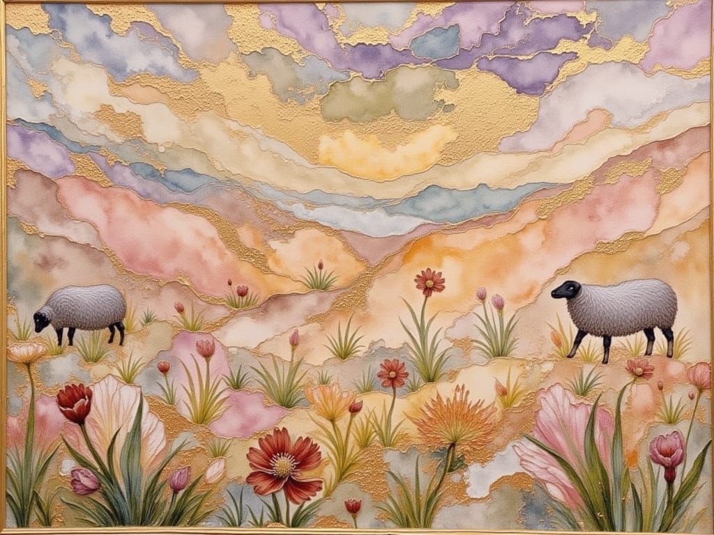 Watercolour Impressionist Meadows with Sheep and Stained Gla...