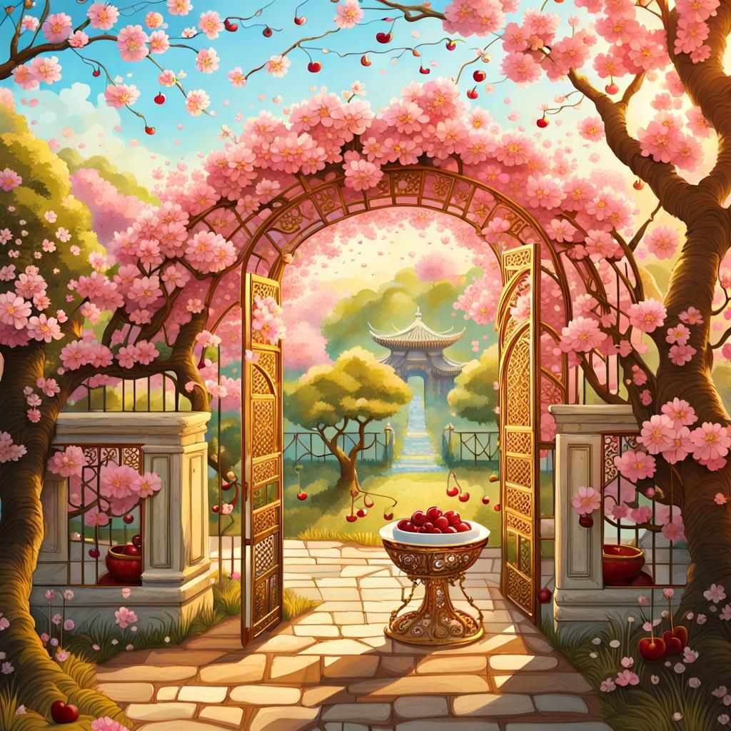 (A cherry blossom tree in the center of a secret garden.10.0...