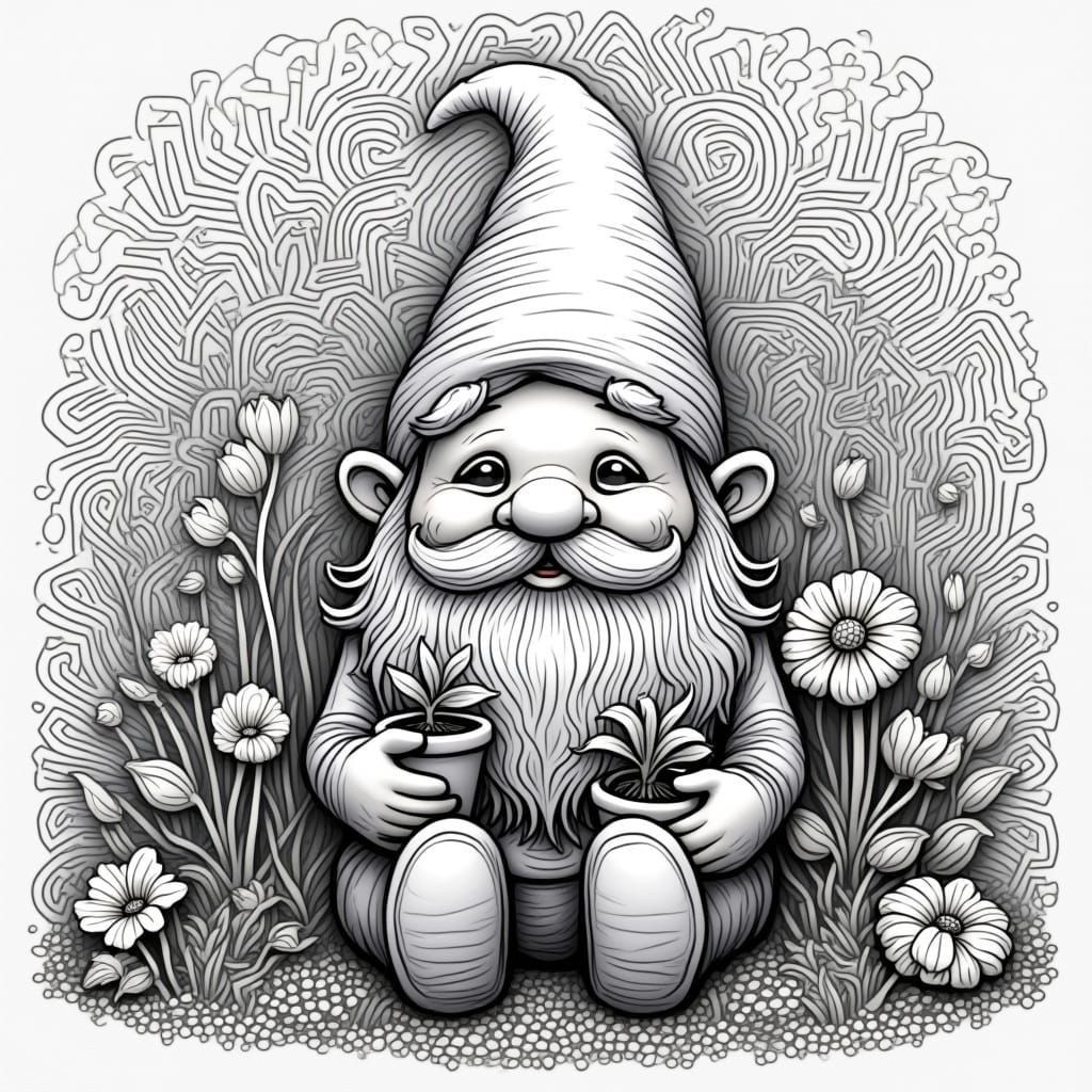 Cute Garden Gnome in Flower Garden with Fractal Background