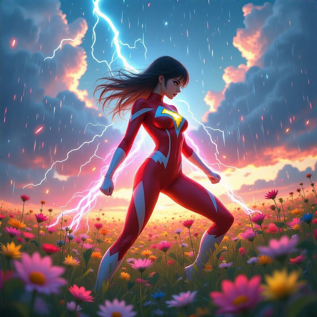 Superheroine in Electric Flower Field, Anime Style