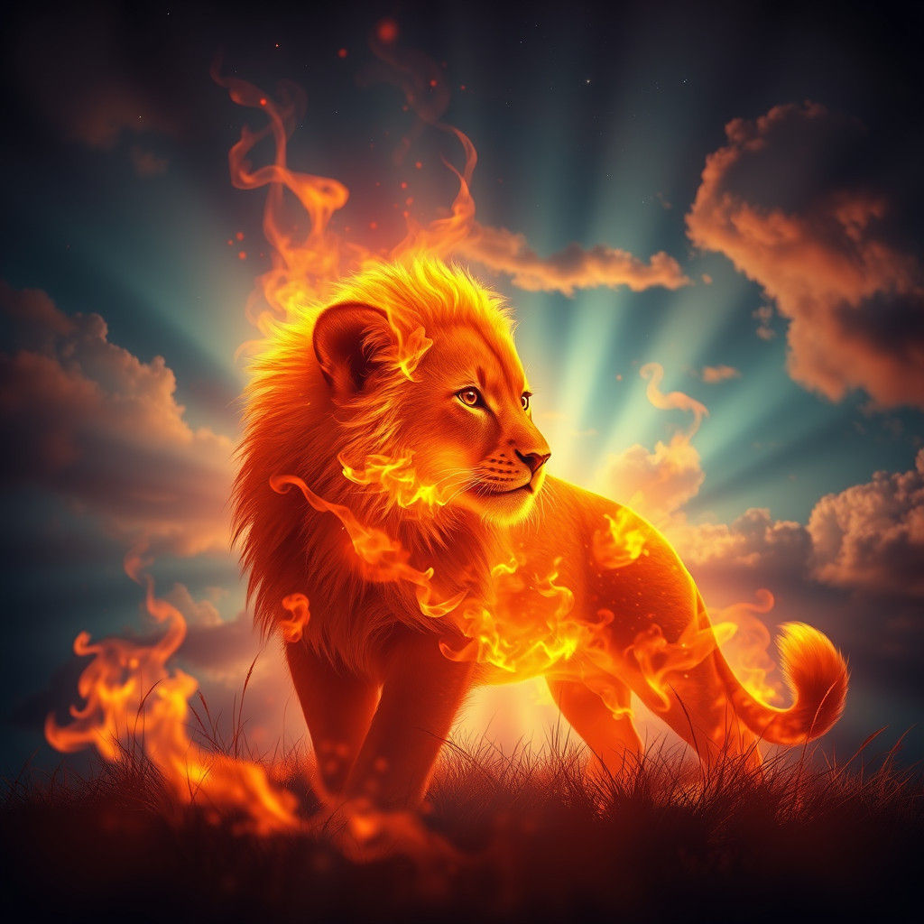 Surreal Lion Silhouette in Fiery Glass Landscape