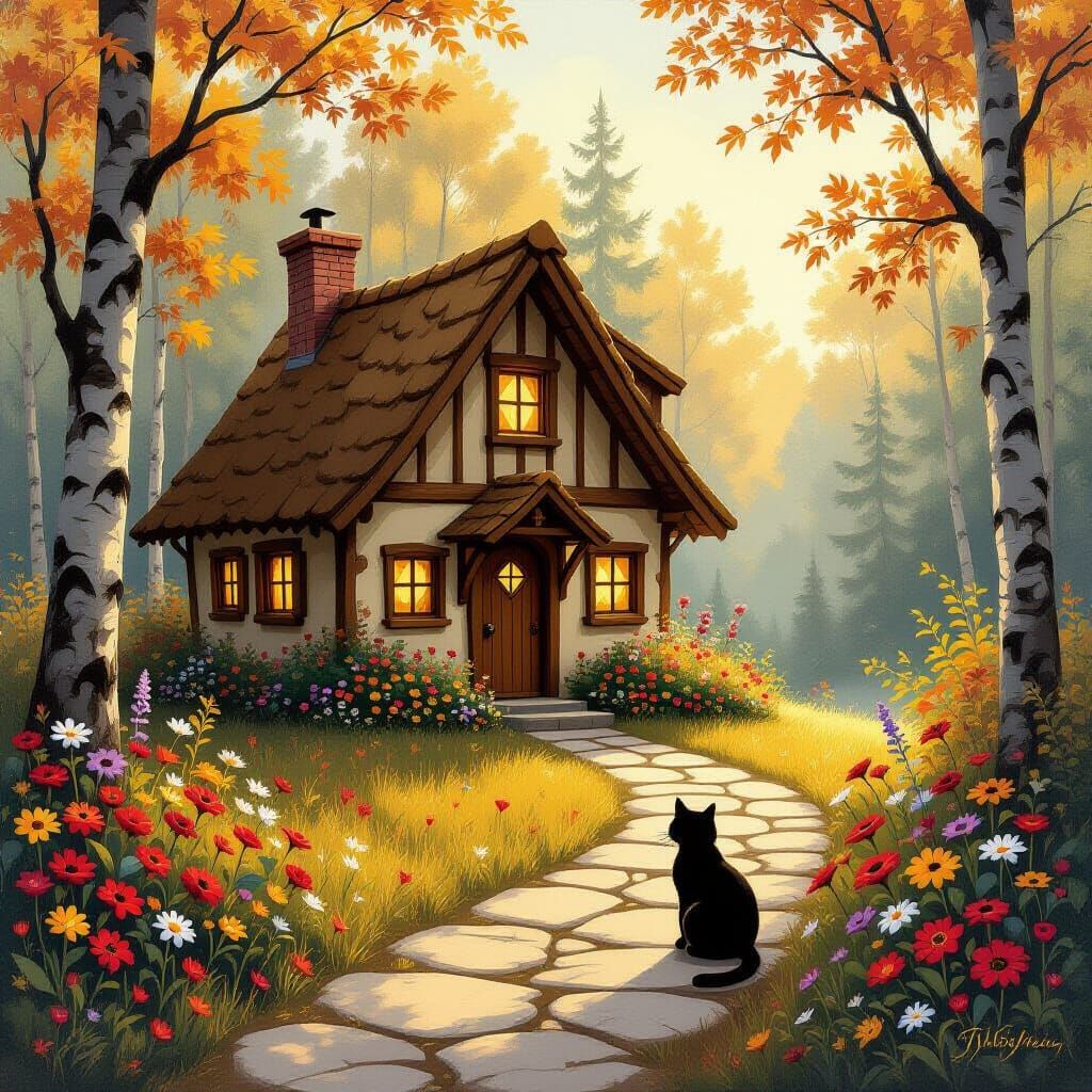 Magical Cottage in Forest Landscape, Oil Painting