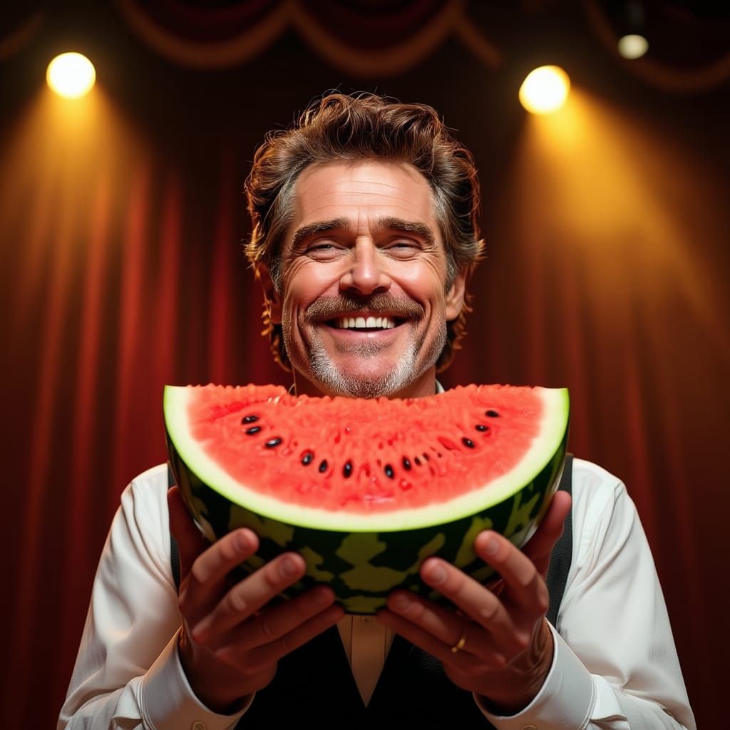 Willem Dafoe Smiles Holding Watermelon in Concert Hall