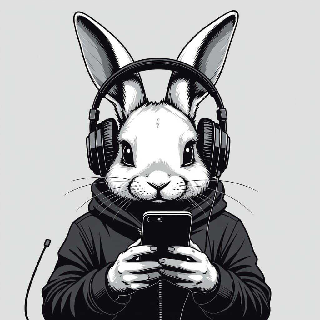 Rabbit with Headphones in Noir Style