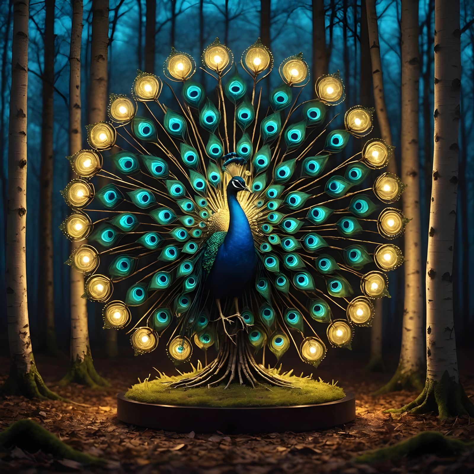 Magical Peacock Lamps in Whimsical Birch Clearing