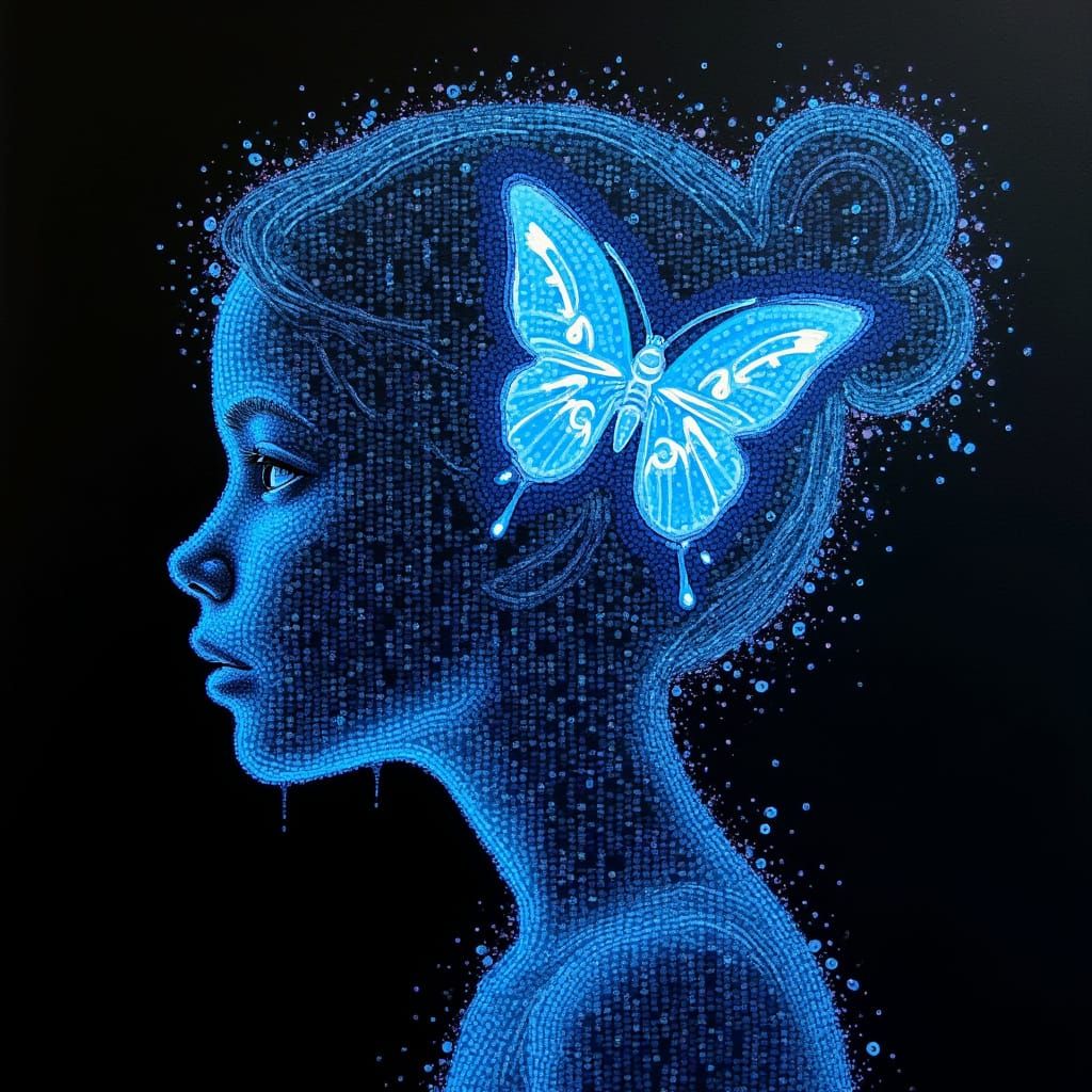 Holographic Girl and Butterfly in Blue Binary Art