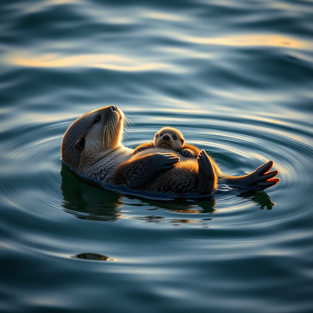 Serene Sea Otter Mother and Cub Bask in Warm Sunlight