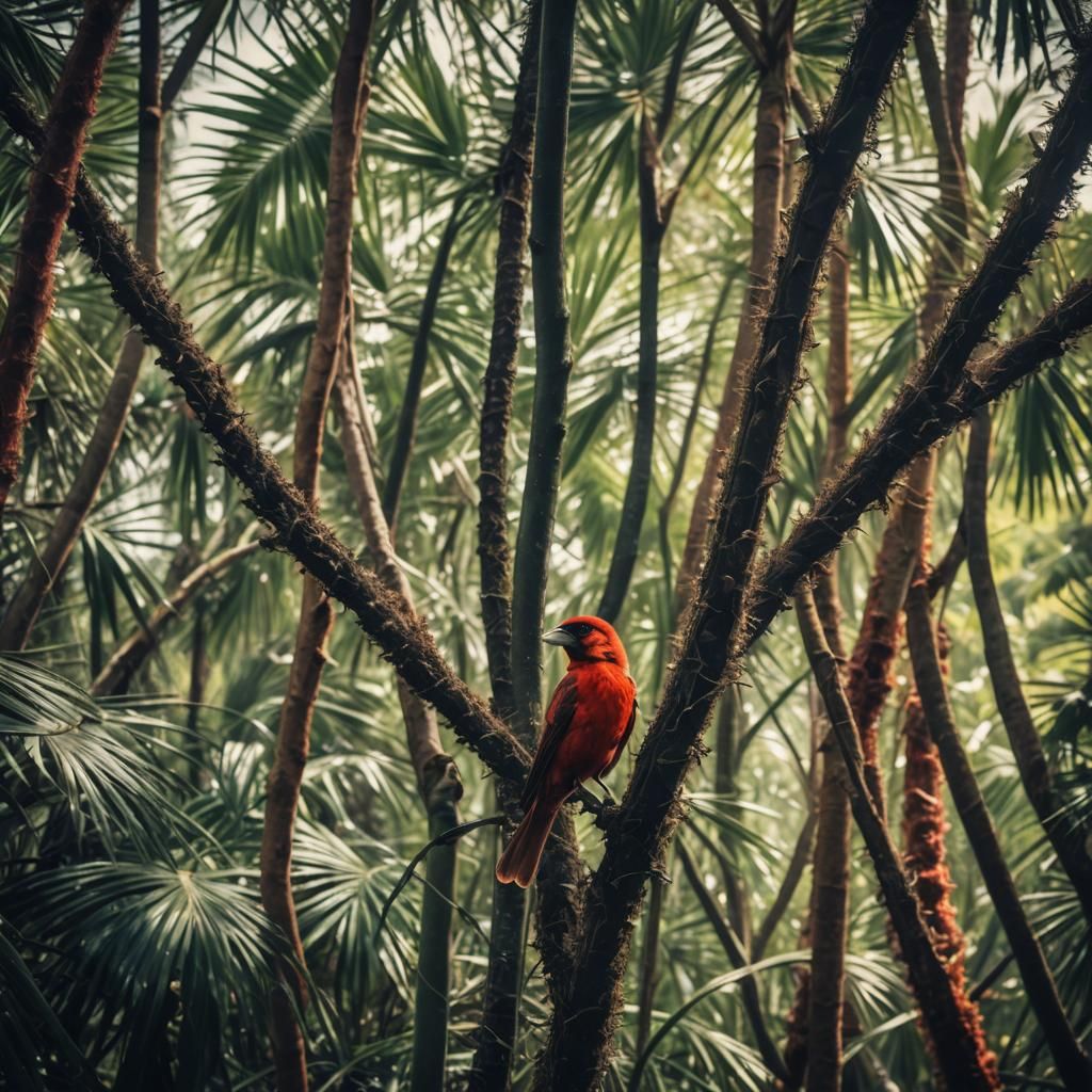 Epic Cinematic Masterpiece: Red Bird in Palmier Forest