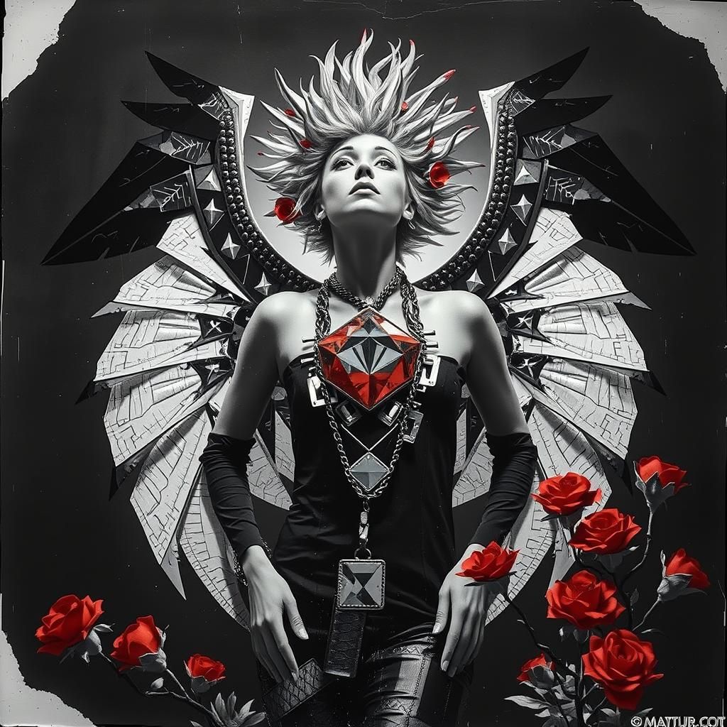 Avant-Garde Fashion Model with Geometric Wings in Black and...