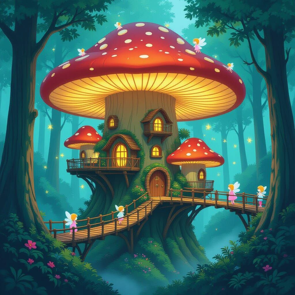 Enchanting Treehouse Village in Bioluminescent Mushroom Fore...
