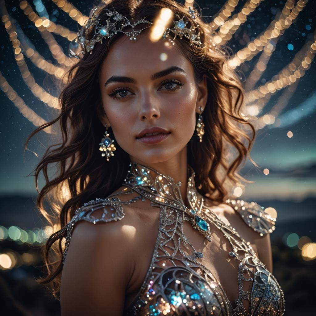 Surreal Woman Shines in Ethereal Glass Attire Under Starry N...