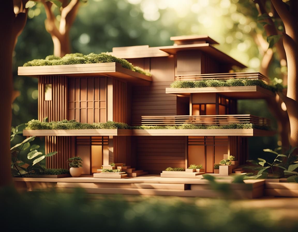 Frank Lloyd Wright-Style Doll's House in Serene Landscape