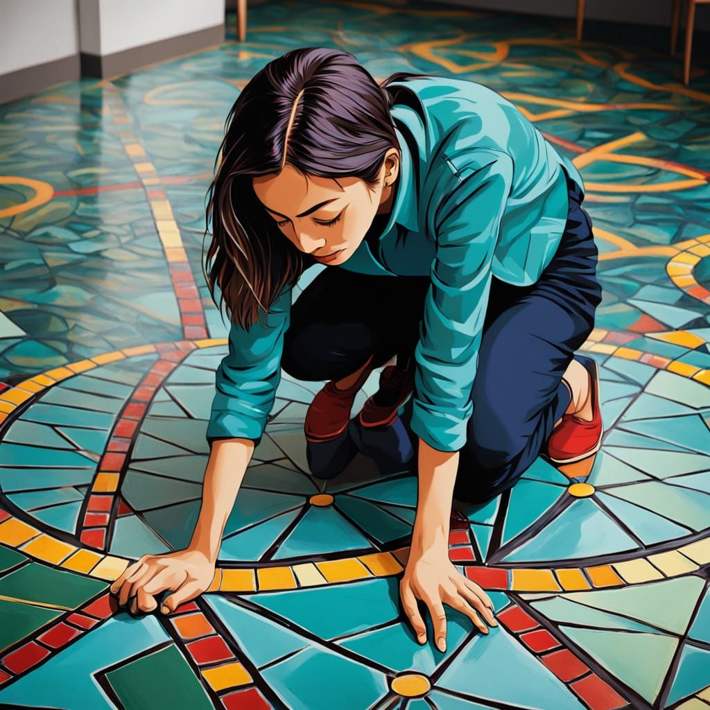 Woman Bending in Stylized Linocut Pose with Vibrant Triangle...
