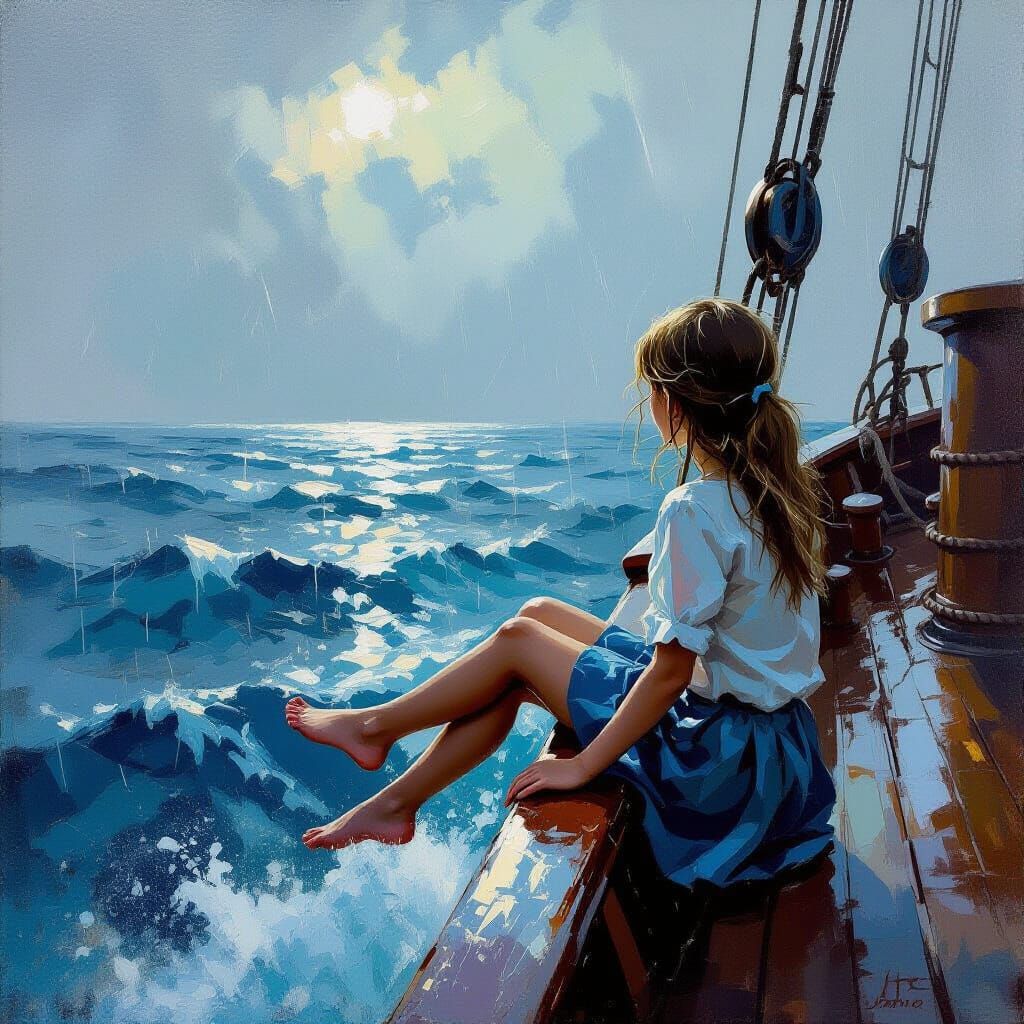 Girl on Ship Deck in Moody Ocean Storm, Acrylic Painting Sty...