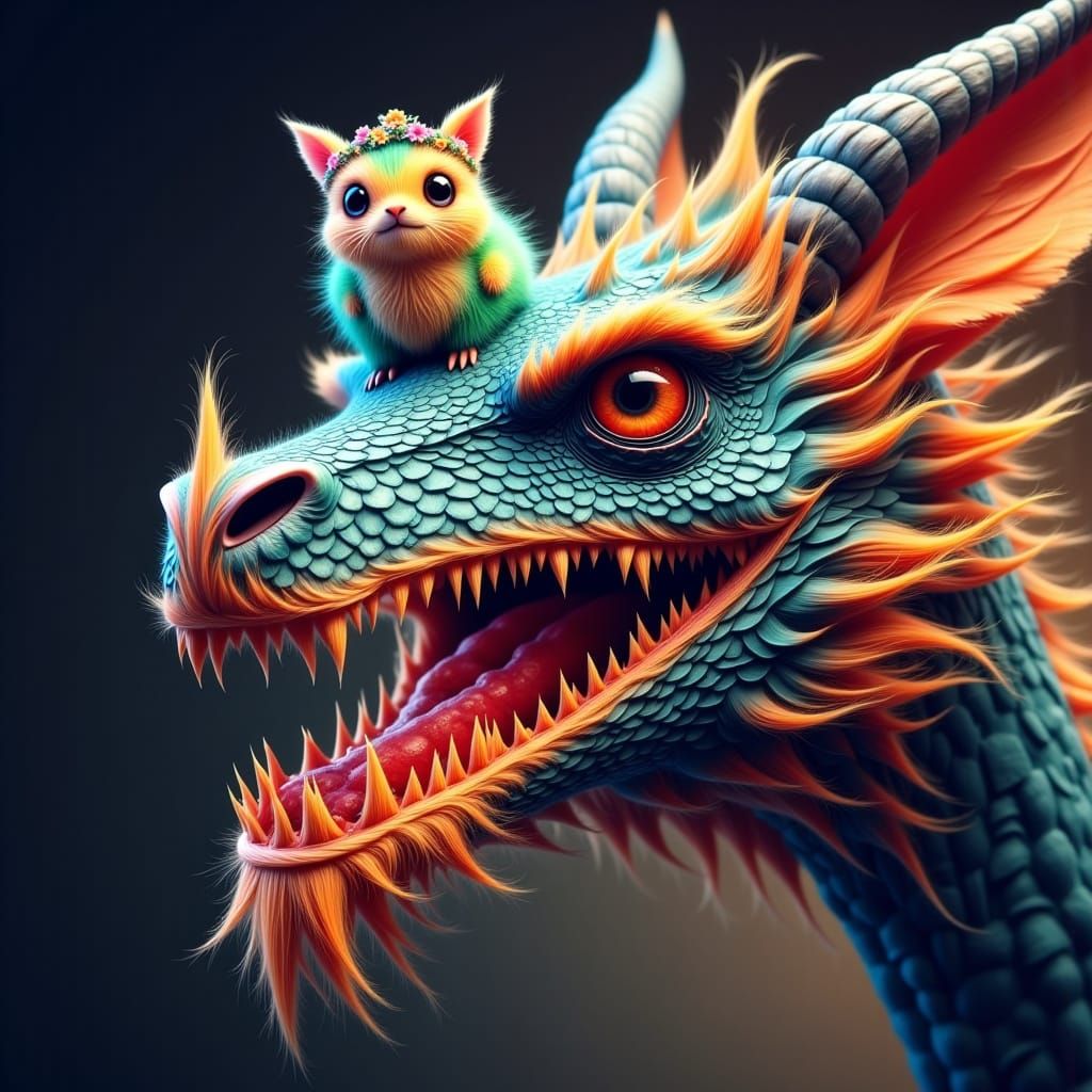 Colossal Dragon's Fiery Breath Meets Tiny Rainbow Creature