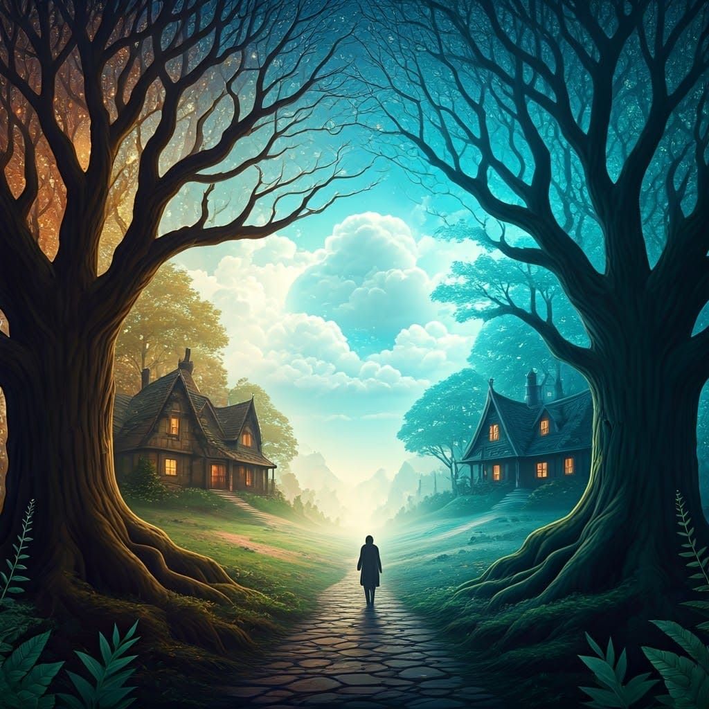 Whimsical Four Seasons Collage Art of Mystical Scene