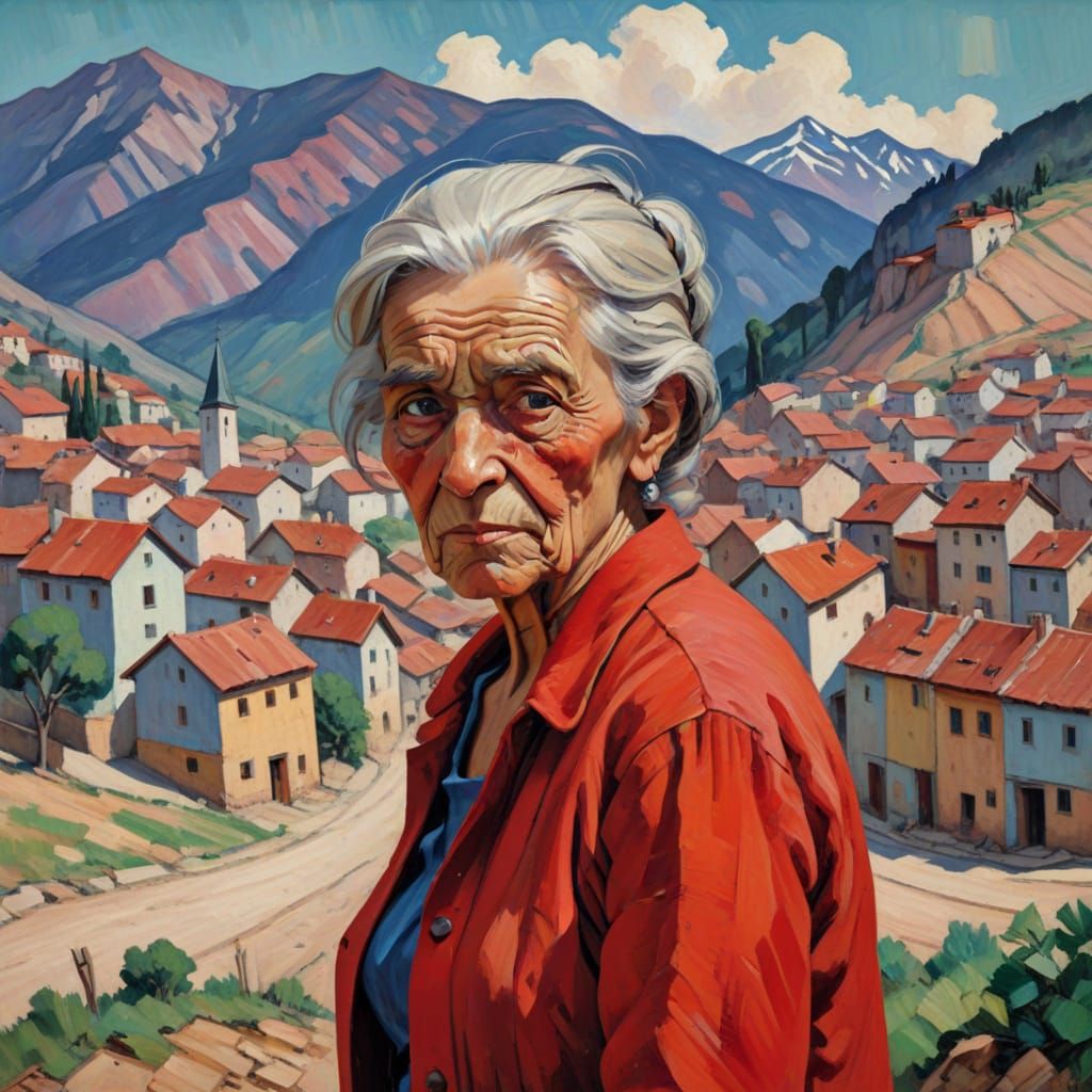 Expressionist Woman on Mountain in Red