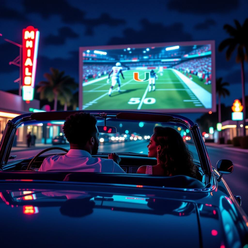 Couple Watches Miami Hurricanes Game in Vintage Car