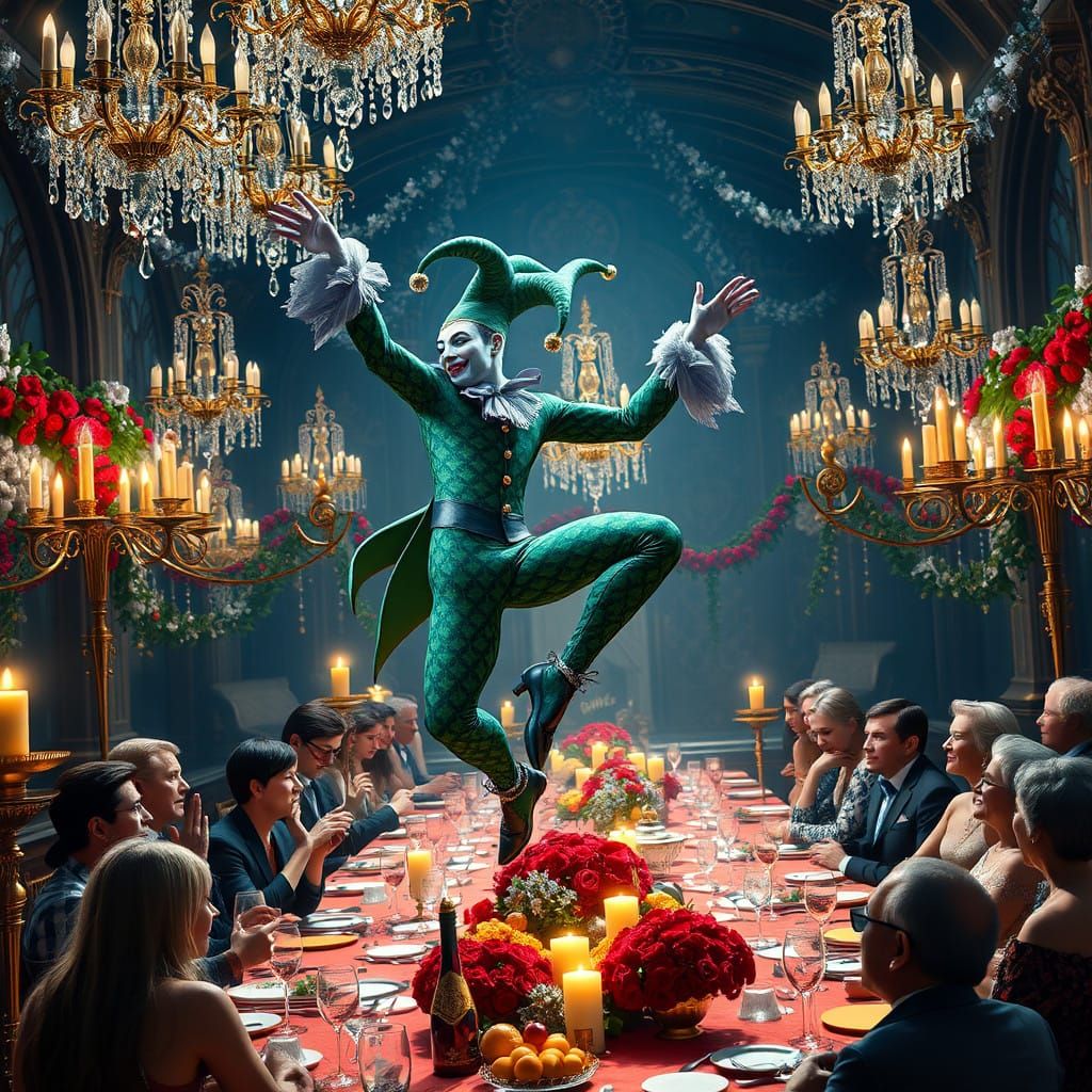 Enchanted Jester in a Vibrant Fantasy Feast