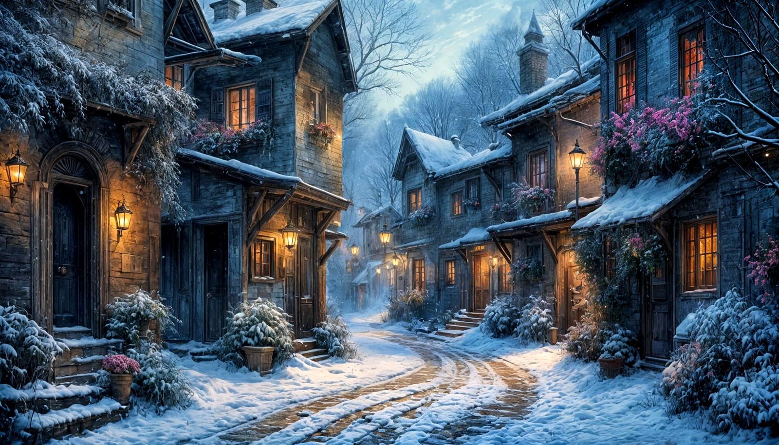 Vibrant Winter Alley in Ethereal Ink Wash Style