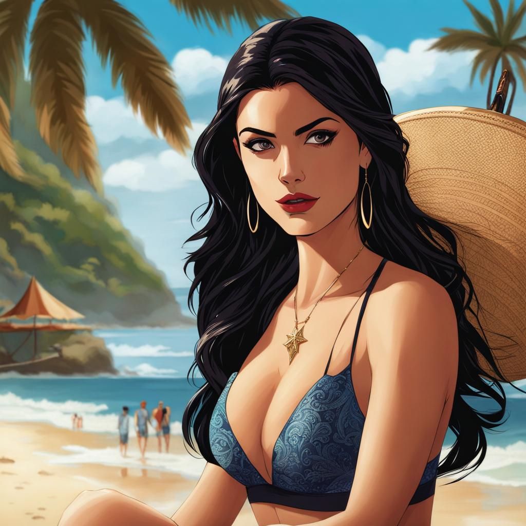 Mysterious Young Woman Relaxing on the Beach in a Bikini