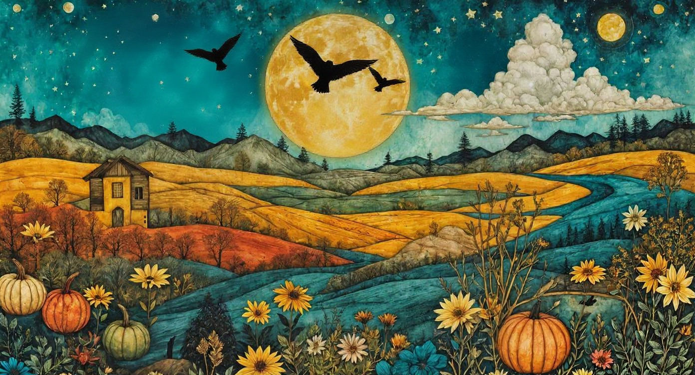 Surreal Harvest Moon Landscape with Birds and Torn Paper Col...