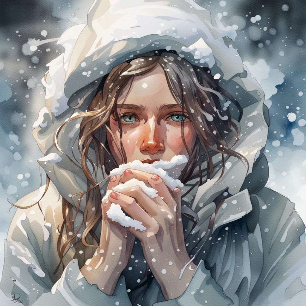 Watercolor Portrait of a Girl in a Snowy Storm