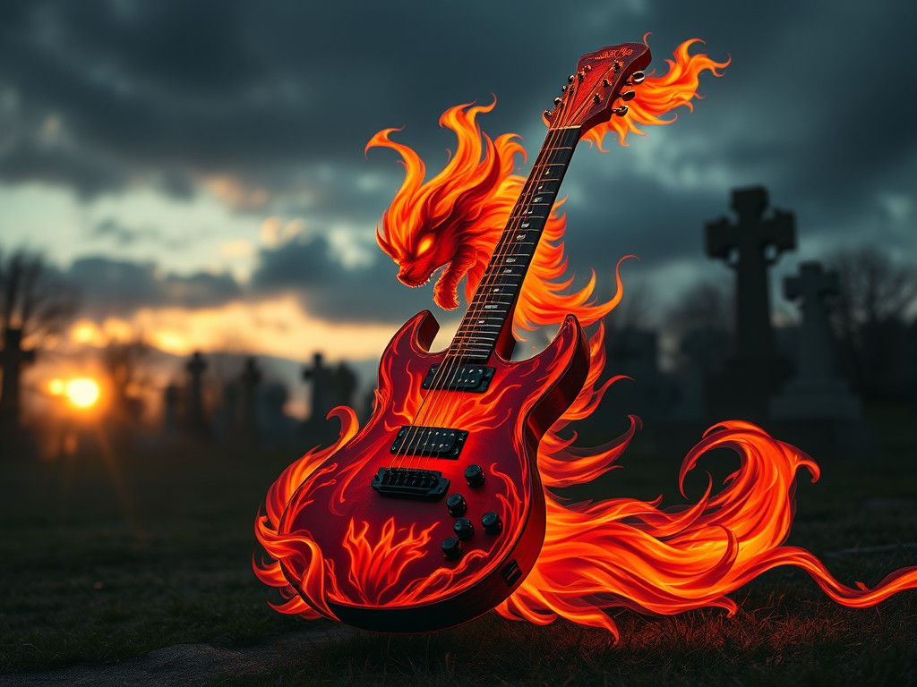 Ethereal Guitar in Fiery, Earthy Hues set Amidst a Somber Ce...