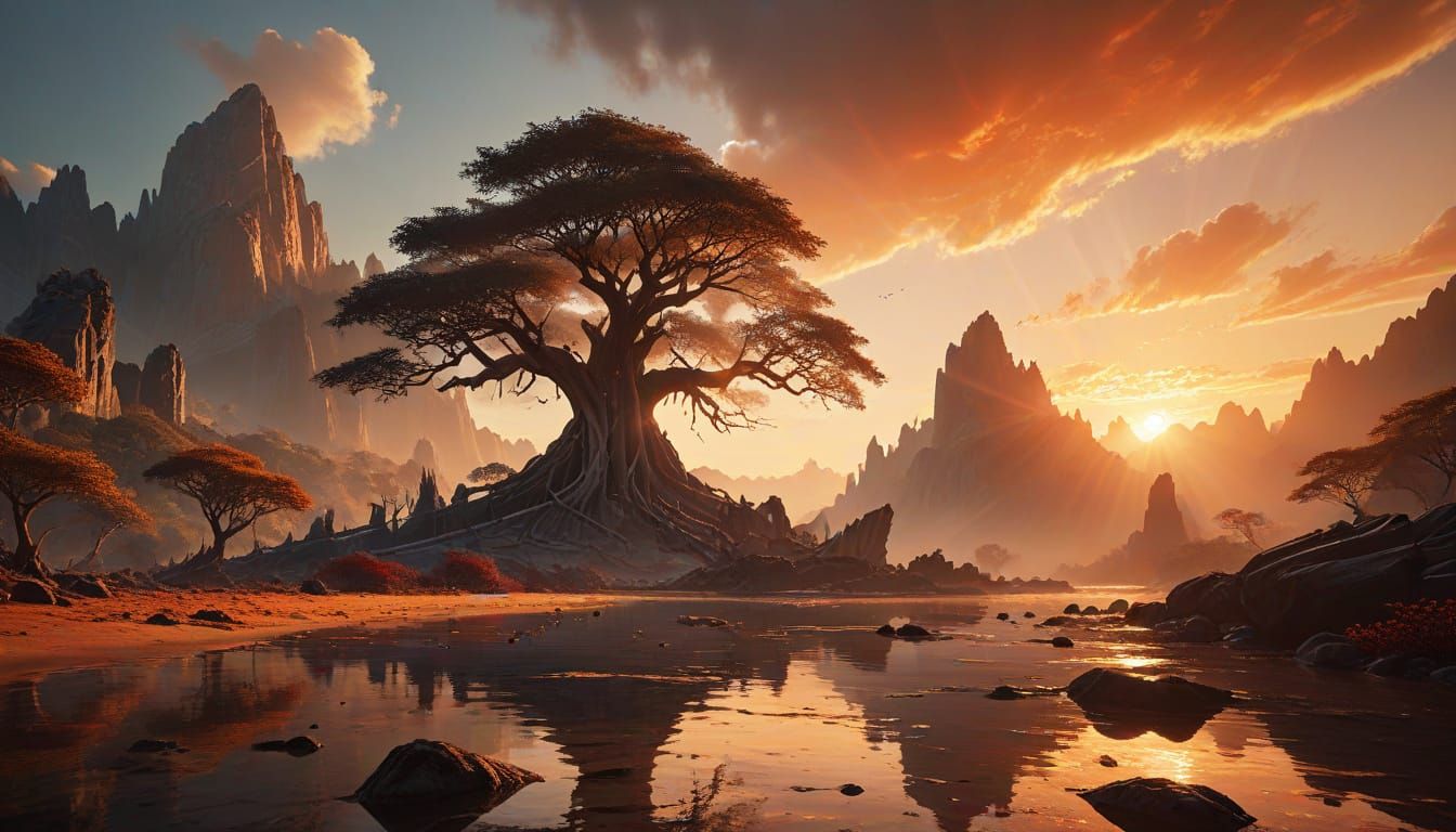 Ancient Banyan Tree at Sunset Over Tranquil Sea