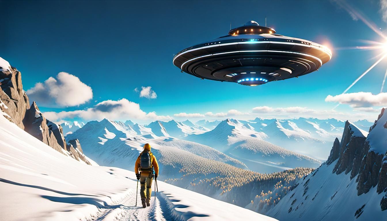 Hiker Ascends to Shimmering UFO in Epic 3D Game Cinematic