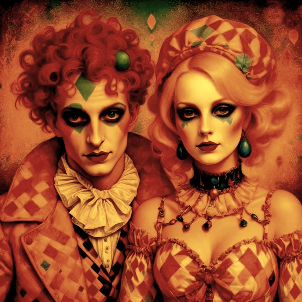 Surreal Harlequin and Pierrot in a Psychedelic Dream