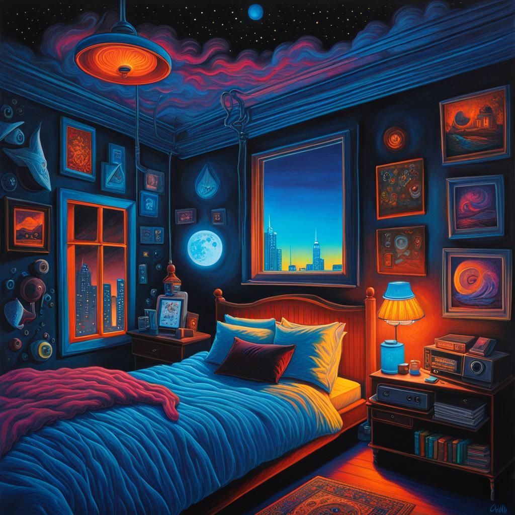 Dark Elegance: Moody Bedroom Scene in Neon European Ink Styl...