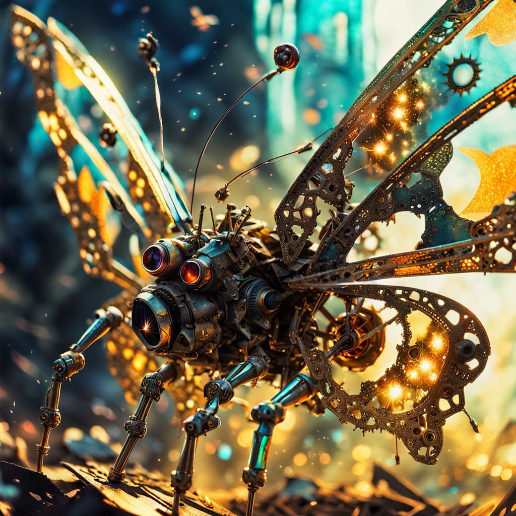 Surreal Metallic Butterfly in Mixed-Media Style