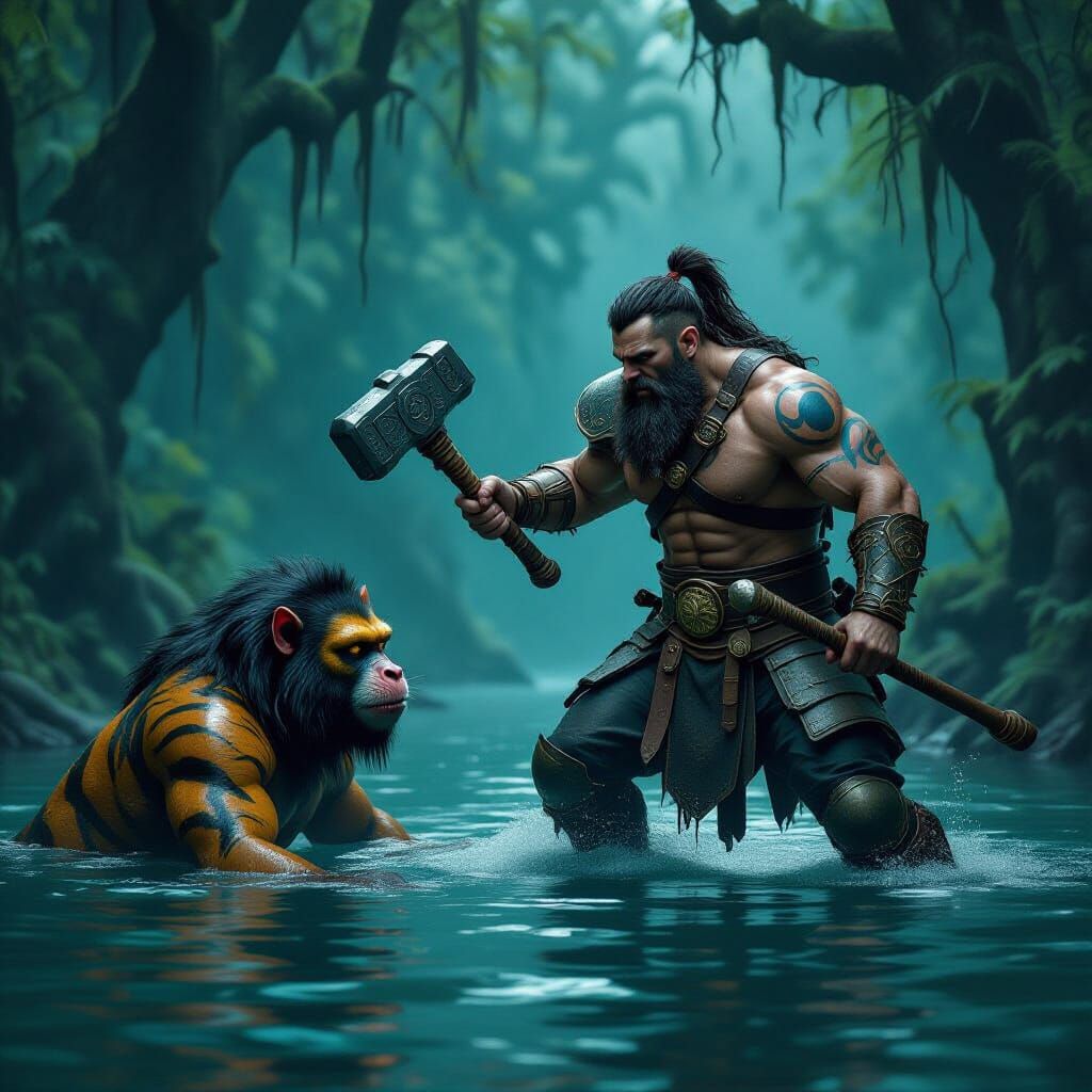 Cleric Battles Demon in Mystical Forest Lake