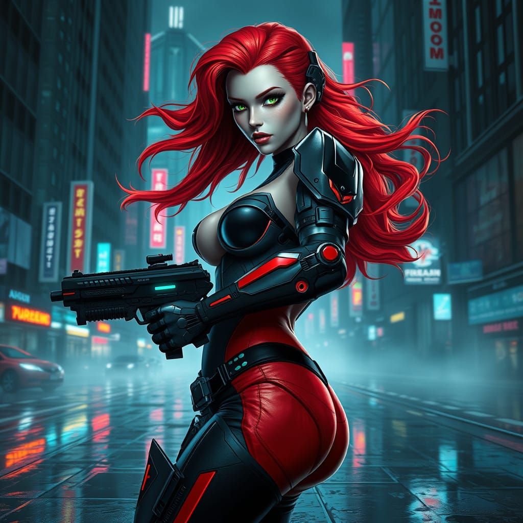 Cyberpunk Gynoid Warrior in Fiery Red and Black Armor