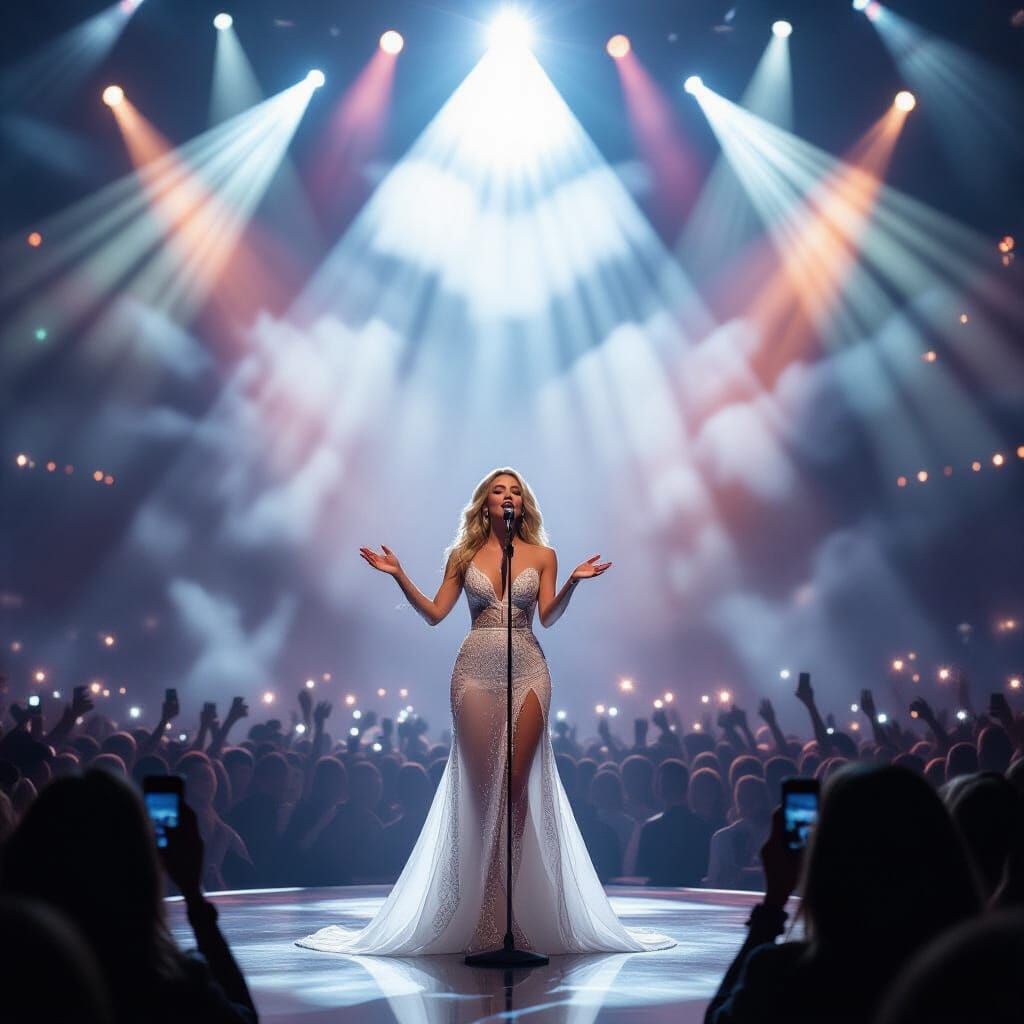 Singer Performs Under Divine Light on Vast Stage
