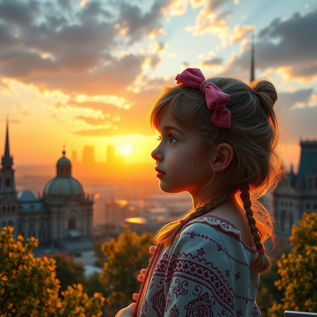 Slavic Girl Gazes Out at Dawn, Filled with Hope for a Better...