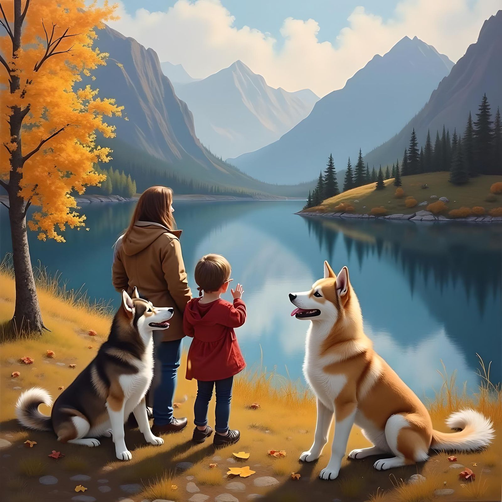 Mothers and Child with Huskies in Vibrant Fall Landscape