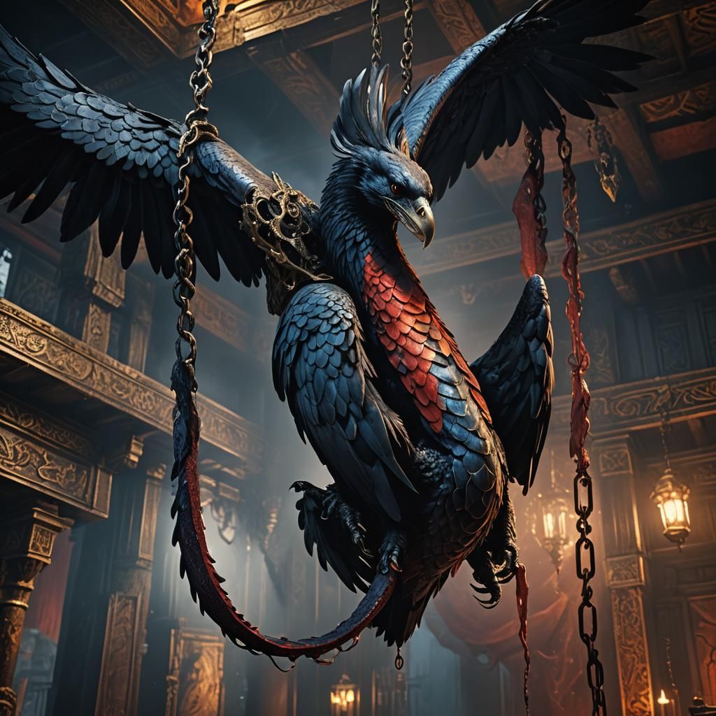 Dark Fantasy Scene with Snake and Raven in Golden Hues