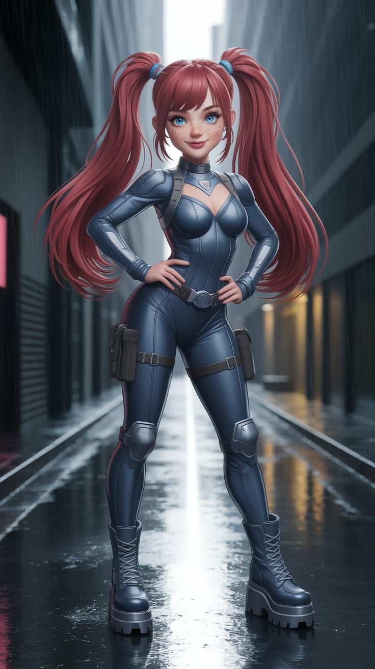 Confident Woman in Rain Slick Alleyway, Anime Style