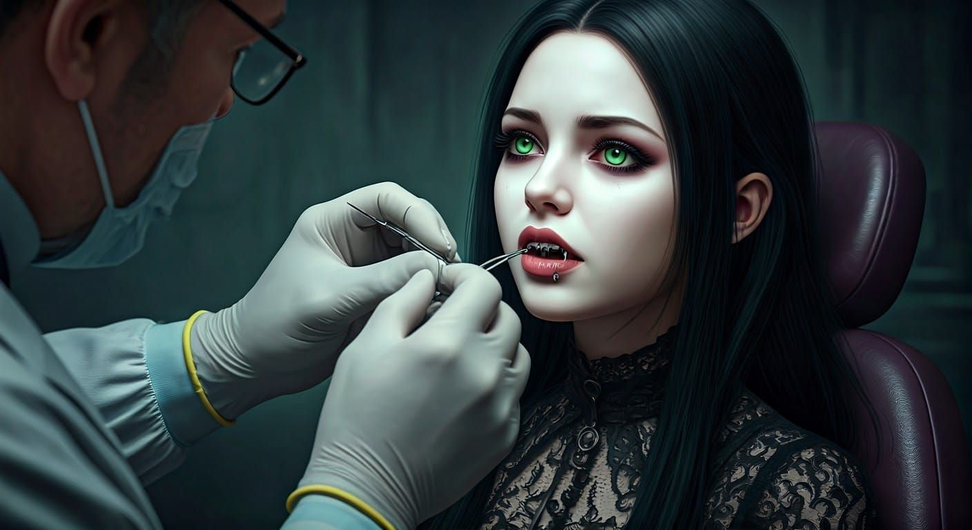 Goth Teen in Dentist's Chair Receives Gothic Braces