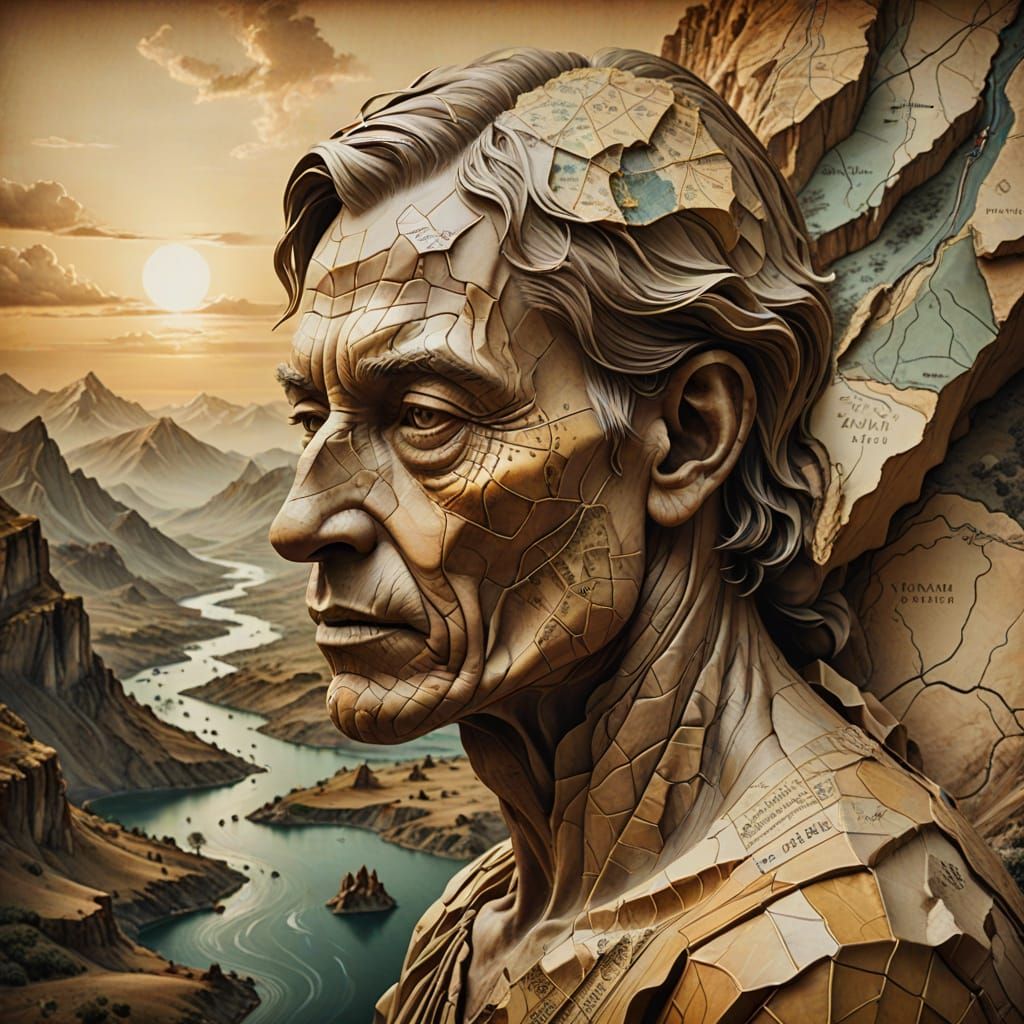 Surreal Face as Ancient Map in Golden Hour Light