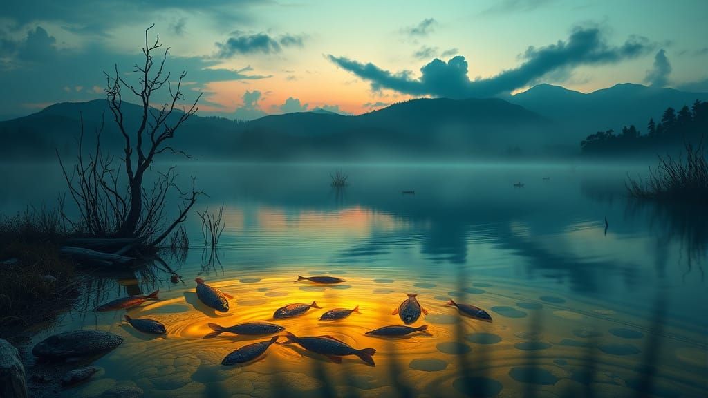 Dreamlike Lake at Twilight with Fantasy Creatures