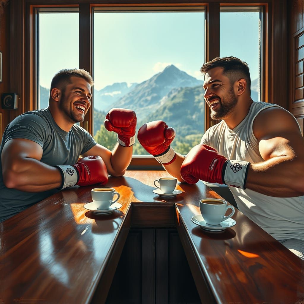 Boxers Share Coffee At Bar With Mountain View, Impasto Style