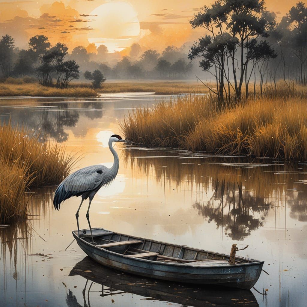 Majestic Crane in Wetland: Ink Painting