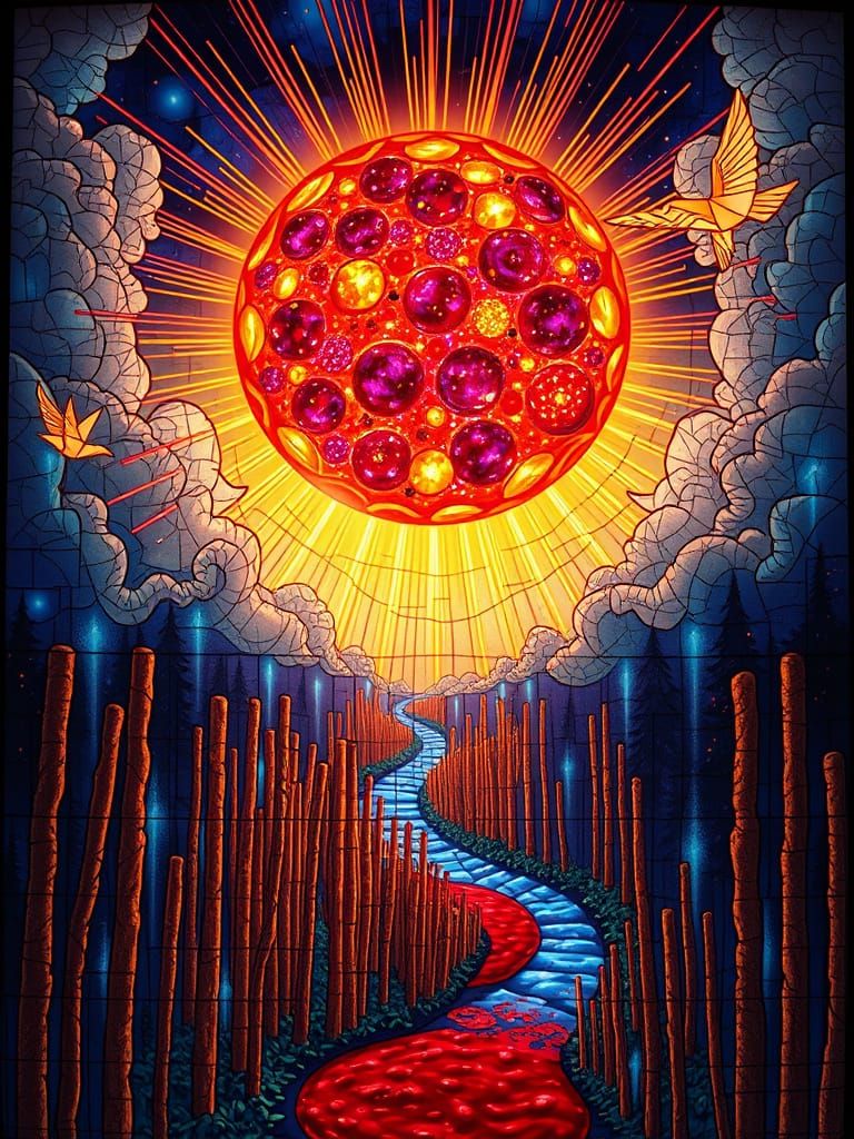 Glowing Pizza Orb & Breadstick Forest Stained Glass Art