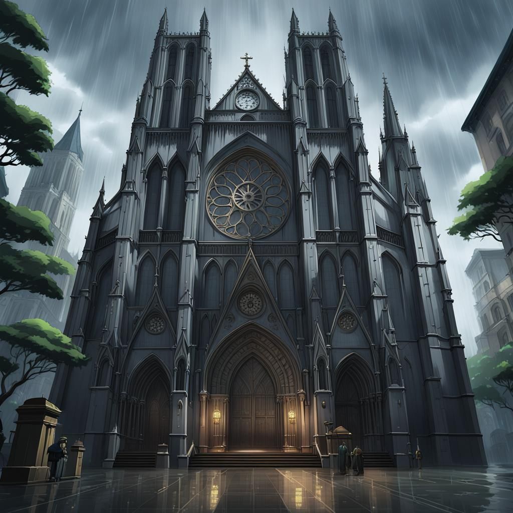 Gothic Cathedral in a Gloomy Rainy Atmosphere
