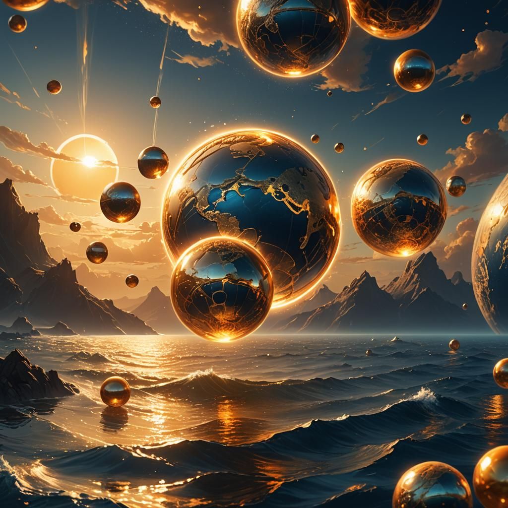 Golden Orbs Orbiting Earth in a Vibrant, Digital Fantasy Sce...