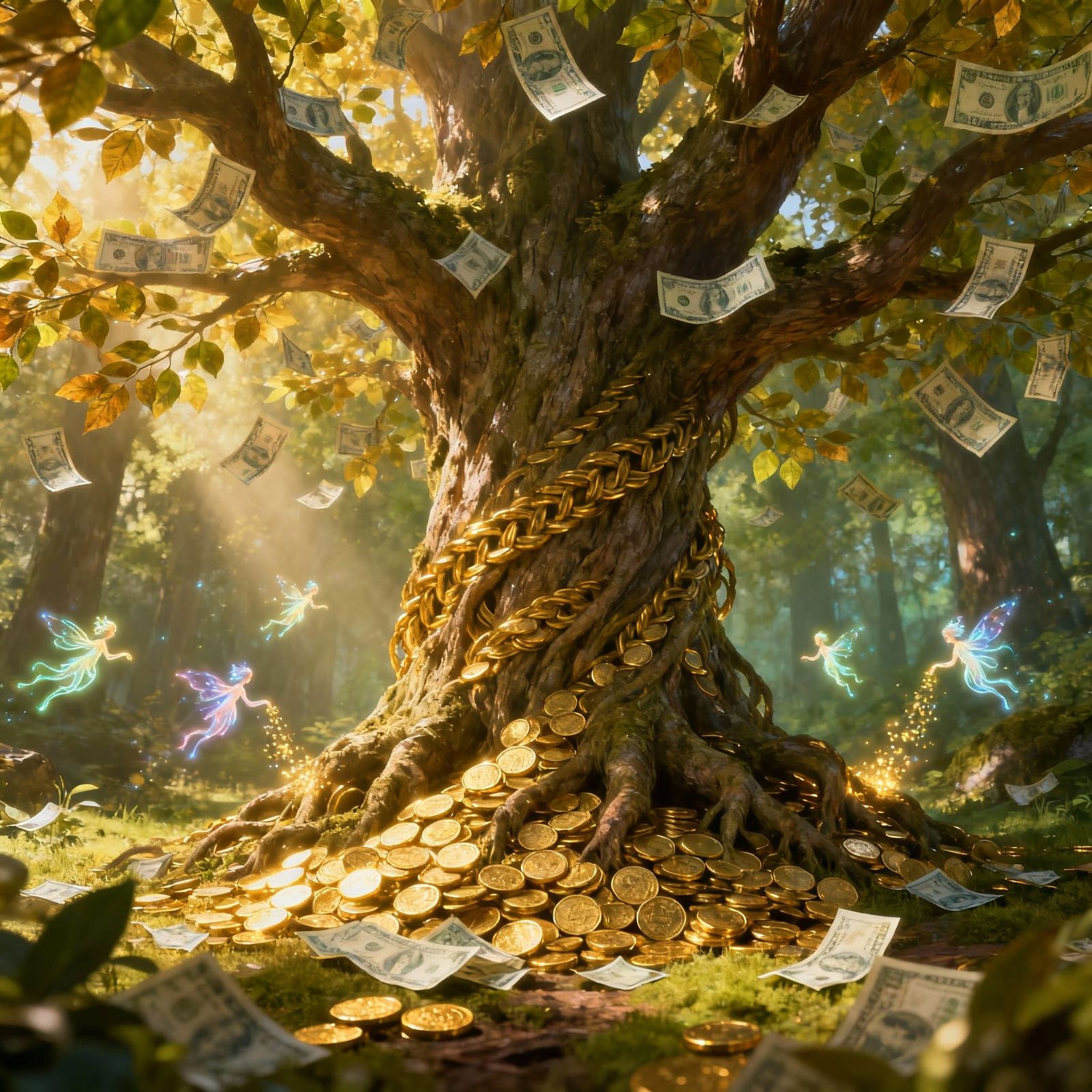 Ancient Tree of Gold Coins and Banknotes in Fantasy Style